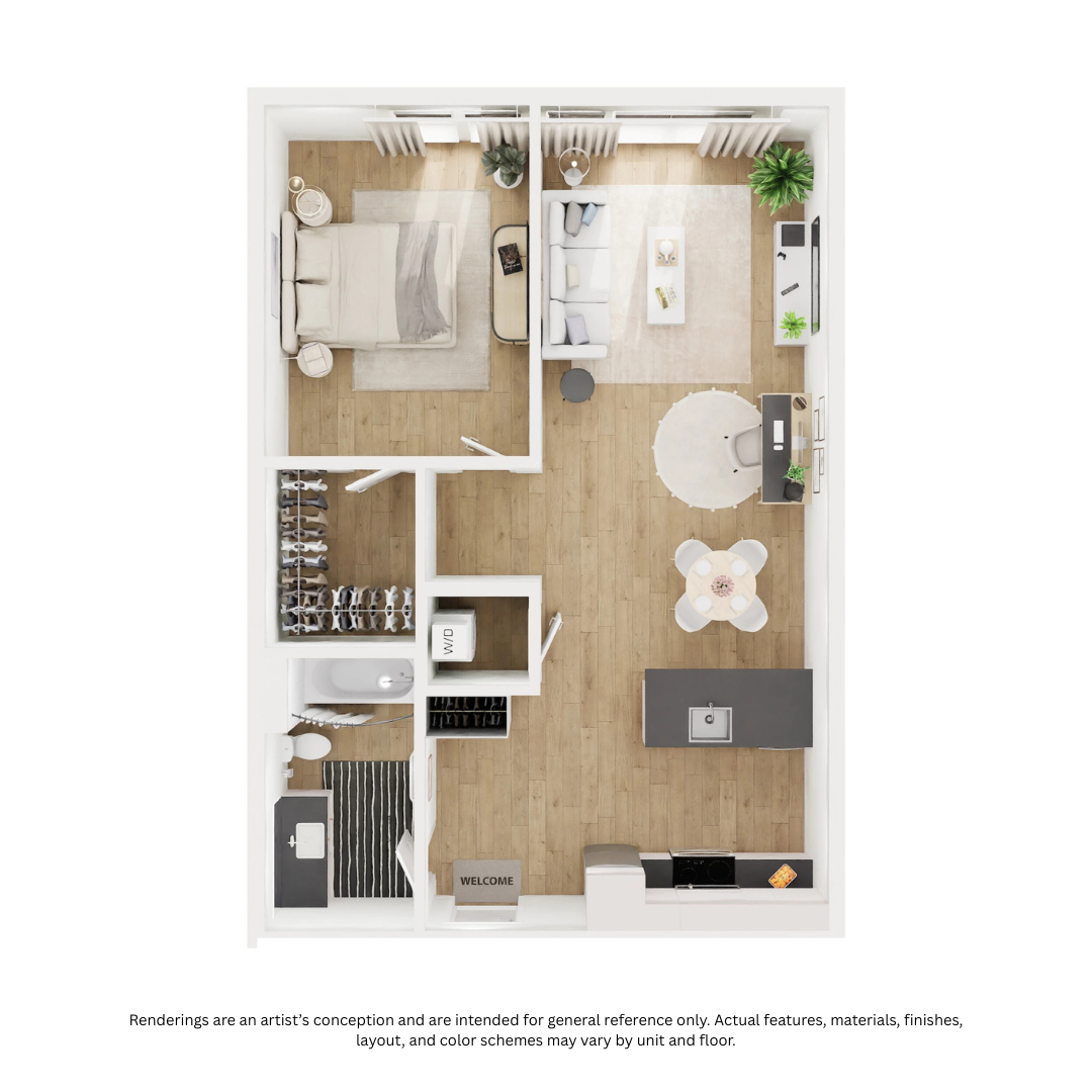 Floor plan for 1 bed, 1 bath, 712 sqft